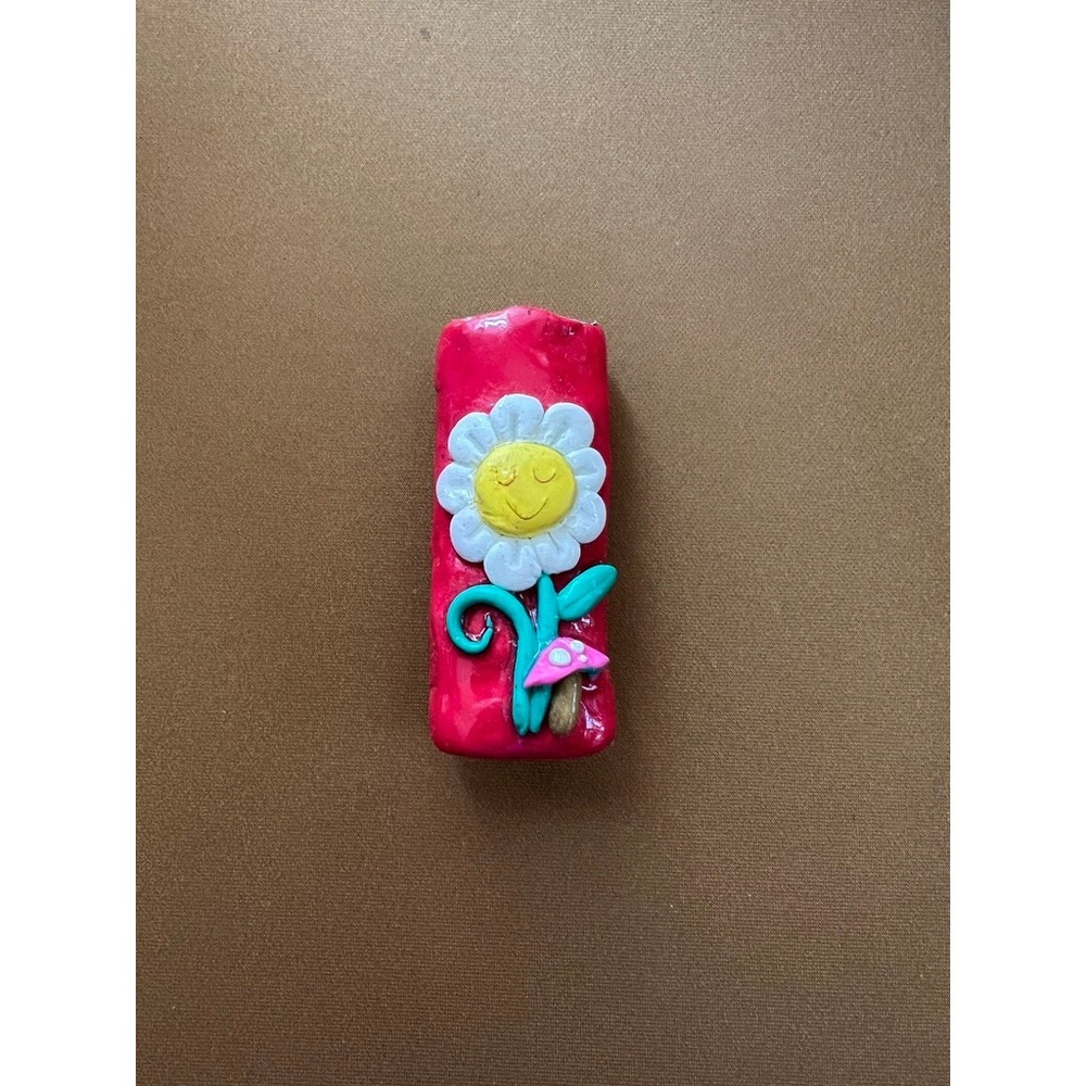 Handmade Pink / Red Polymer Clay Lighter Case Daisy Mushroom 3D Floral Accessory